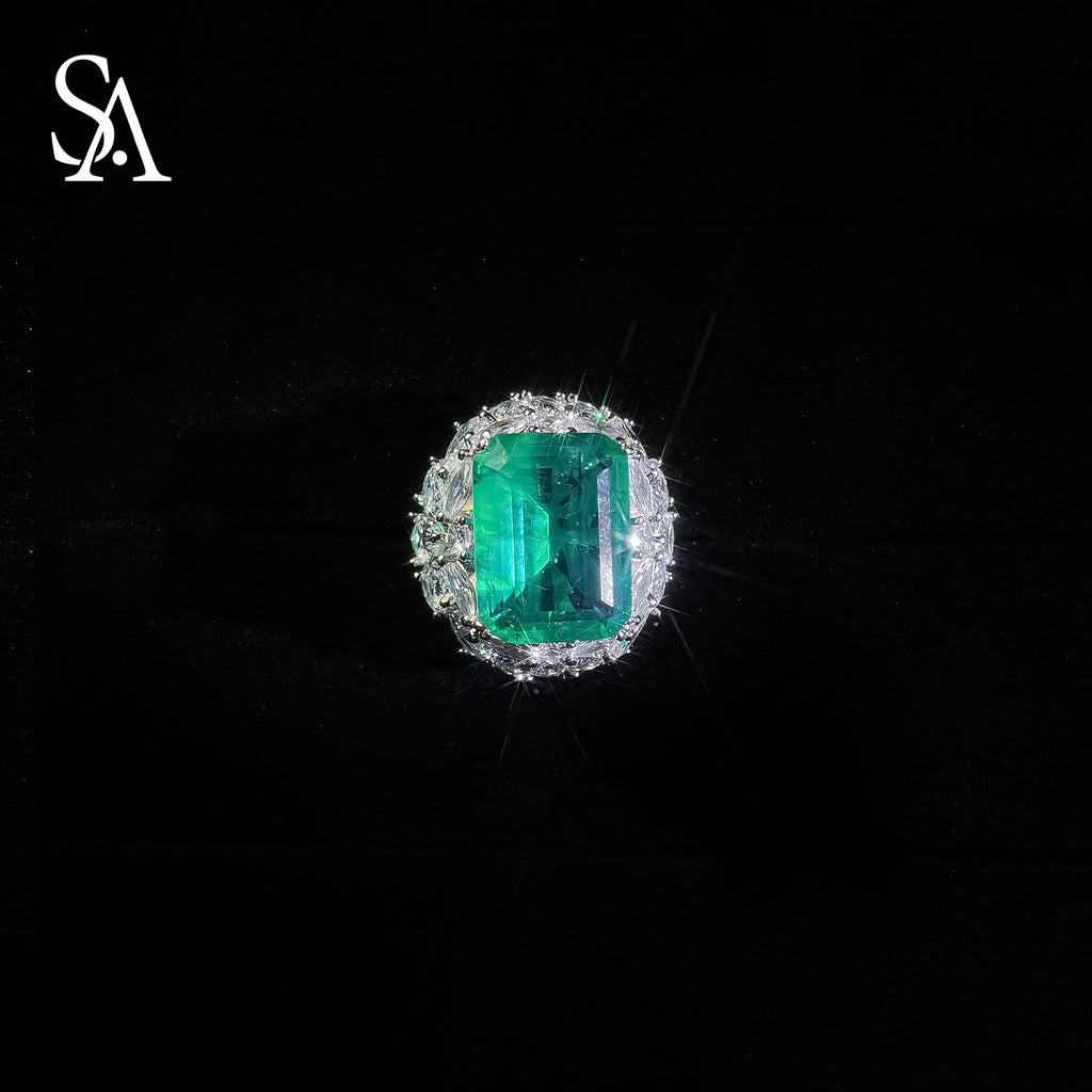 [SA1917]#007 Square Emerald Ring----925 Sterling Silver Ring Oversized Emerald