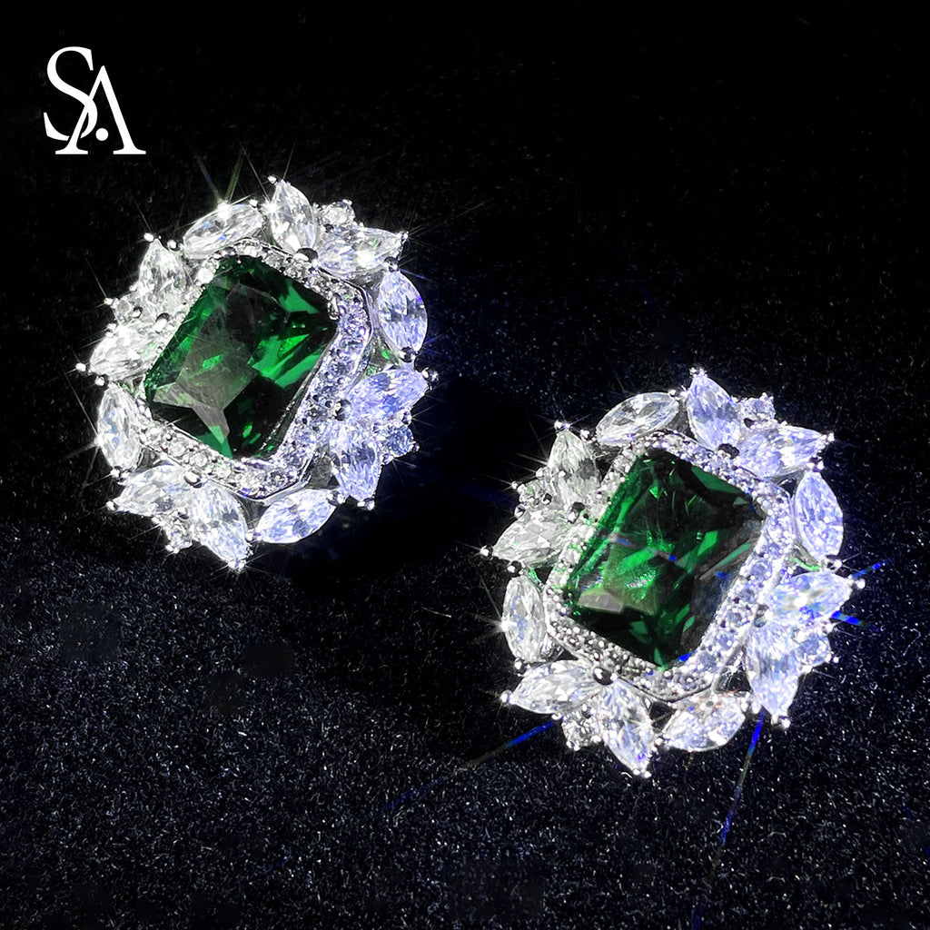 [SA1900]#003 square emerald earrings---925 sterling silver zircon earrings